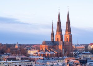 An elevated viewpoint for capturing Uppsala Cathedral on a cold winter morning.